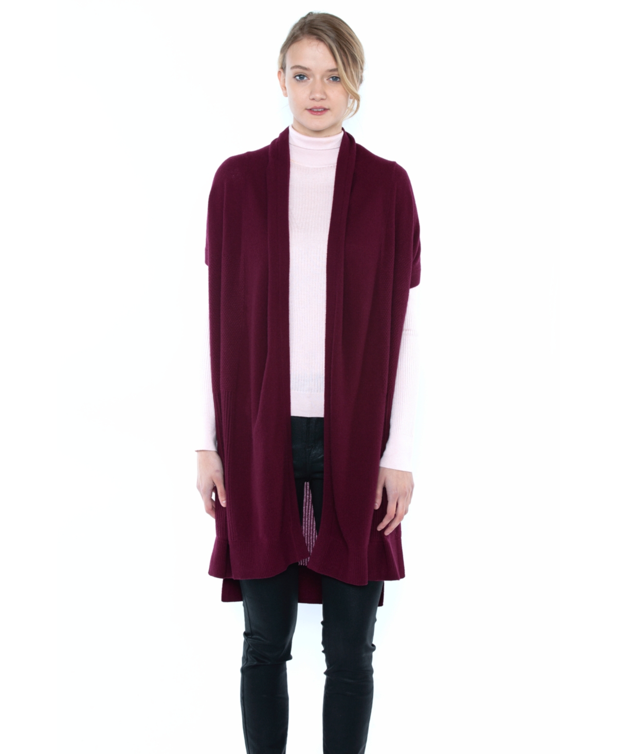 Women's 100% Pure Cashmere Mesh Stitch Open-front Duster Cardigan Sweater - Burgundy