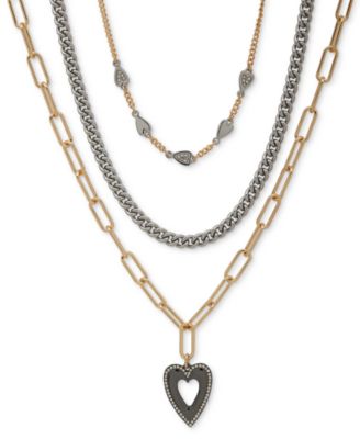 KARL LAGERFELD PARIS - Tri-Tone Pav&eacute; Heart Layered Pendant Necklace, 16" + 3" extender