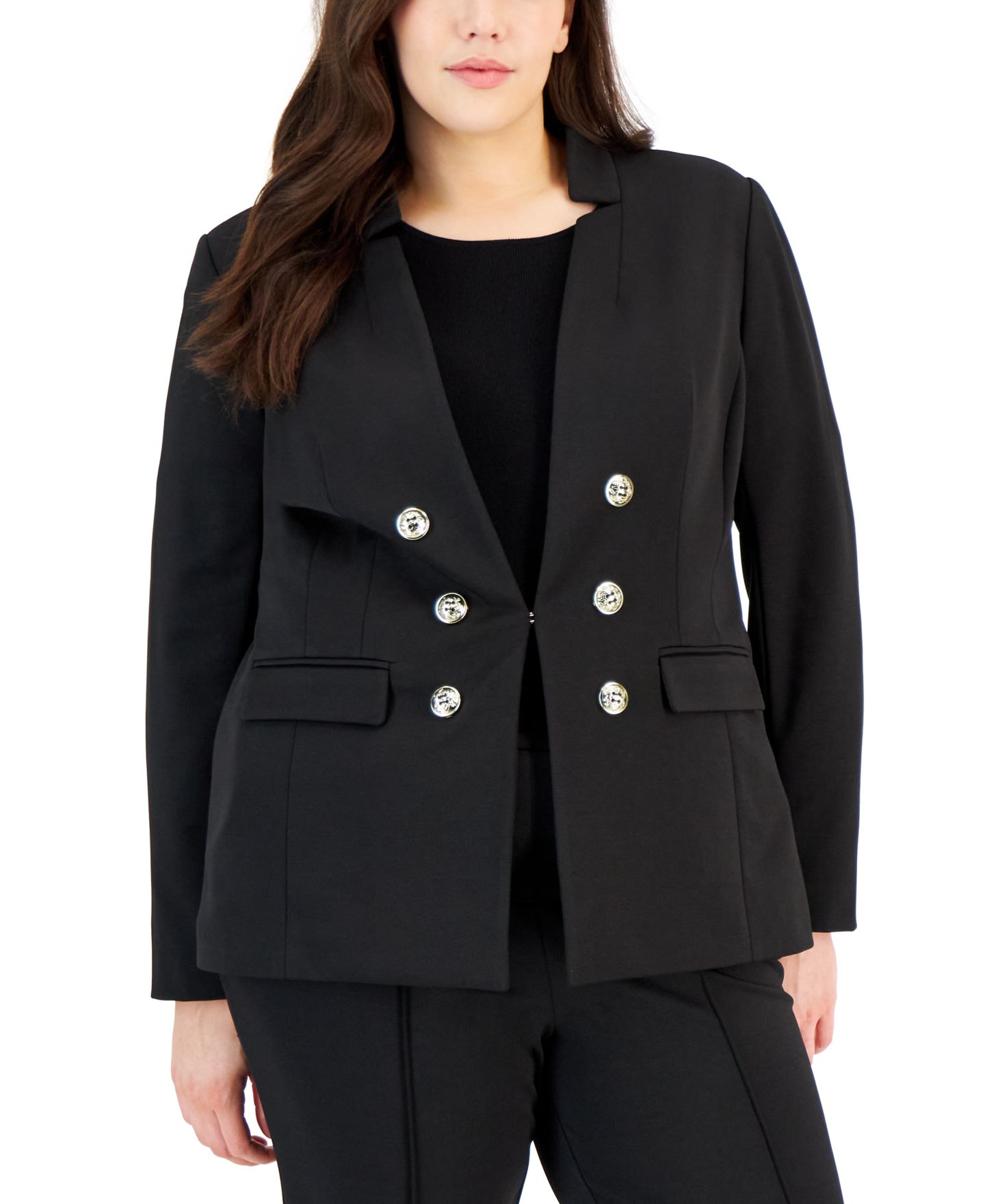 Женский пиджак Tahari ASL Plus Size Ponte Faux-Double-Breasted Blazer, цвет: Чёрный — фото 3