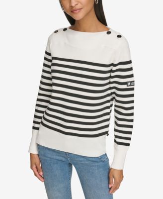 KARL LAGERFELD PARIS - Women's Striped Button-Shoulder Sweater