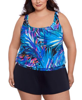 Swim Solutions Plus Size Printed Shirred Neck Blouson Tankini Swim Skirt Created For Macys In Flirty Tropical Leaves