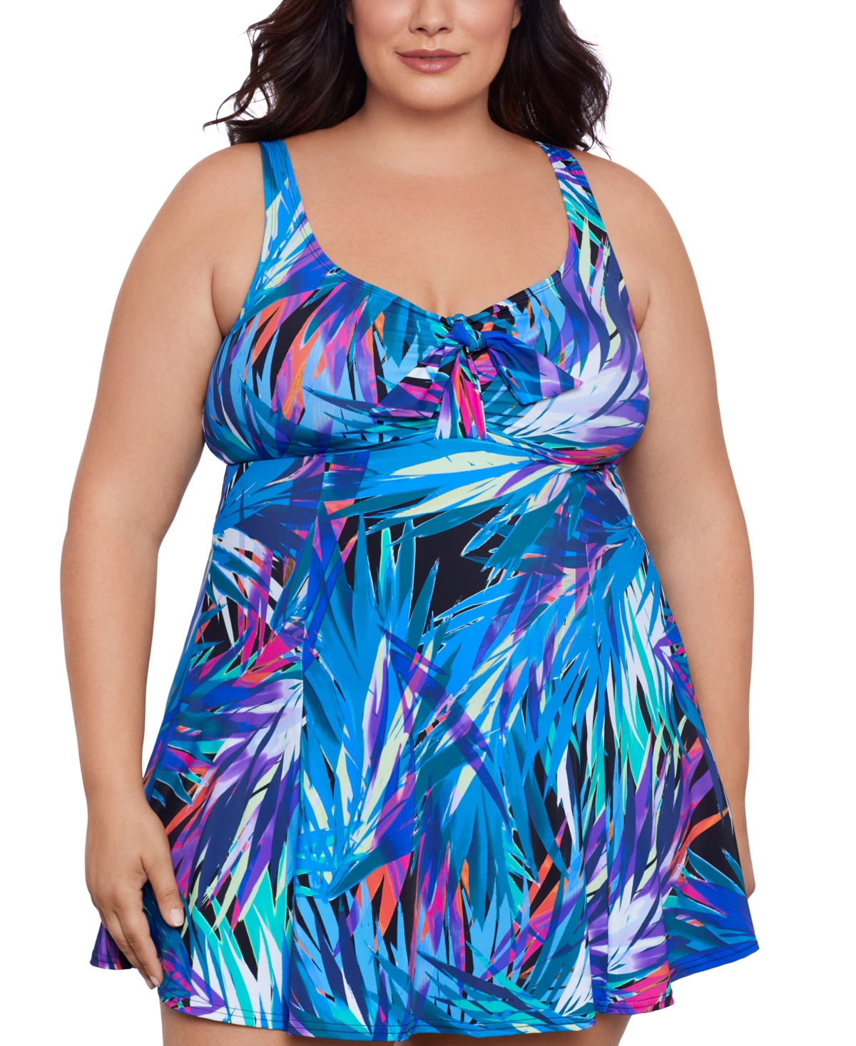 Plus Size Abstract-Print Bow-Front Swim Dress, Created for Macy's - Flirty Tropical Leaves