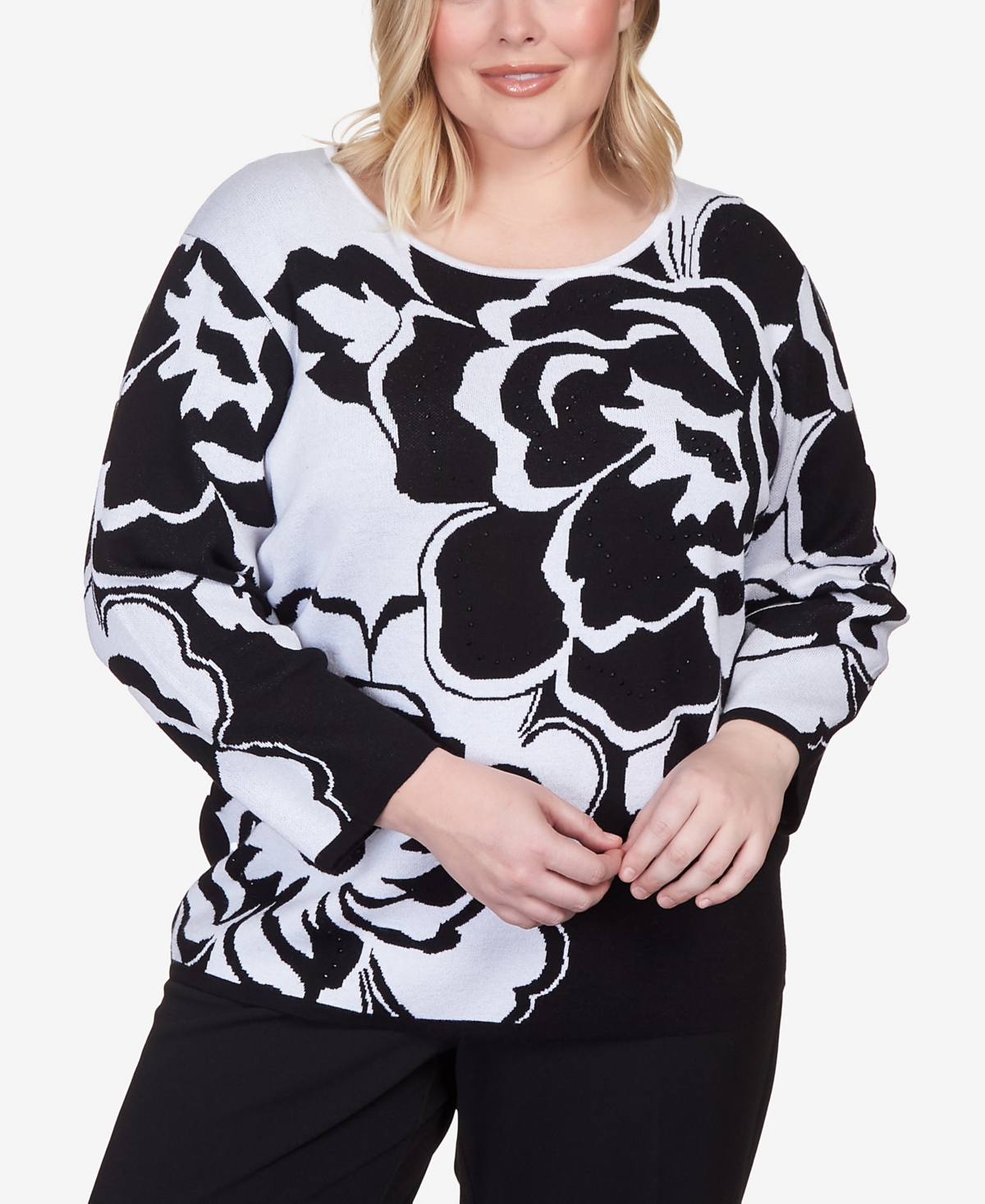 ALFRED DUNNER PLUS SIZE WORLD TRAVELER DRAMA FLORAL JACQUARD SCOOP NECK SWEATER