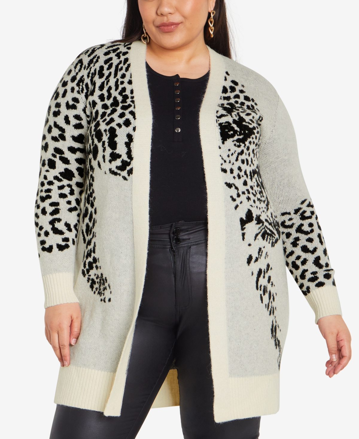 Avenue Plus Size Lena Leopard Open Front Cardigan Sweater In Gray
