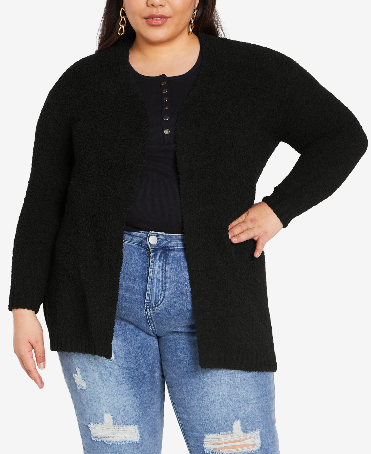 Avenue Plus Size Boyfriend Rib Cardigan Sweater In Black