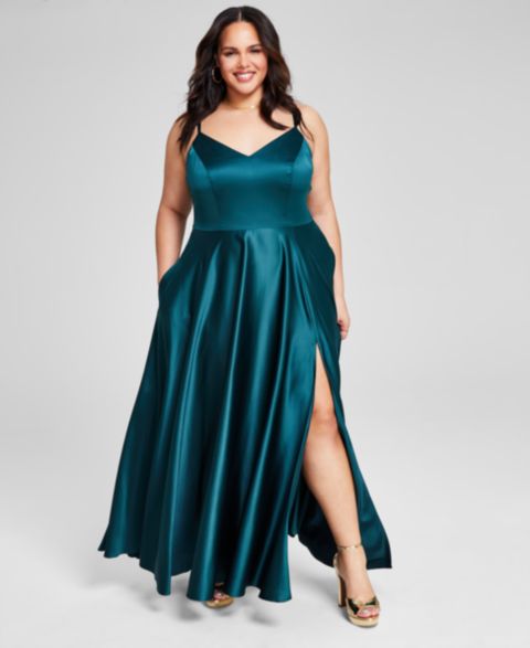 Женские платья B Darlin Trendy Plus Size Satin Sleeveless Front-Slit Gown, цвет: Чёрный