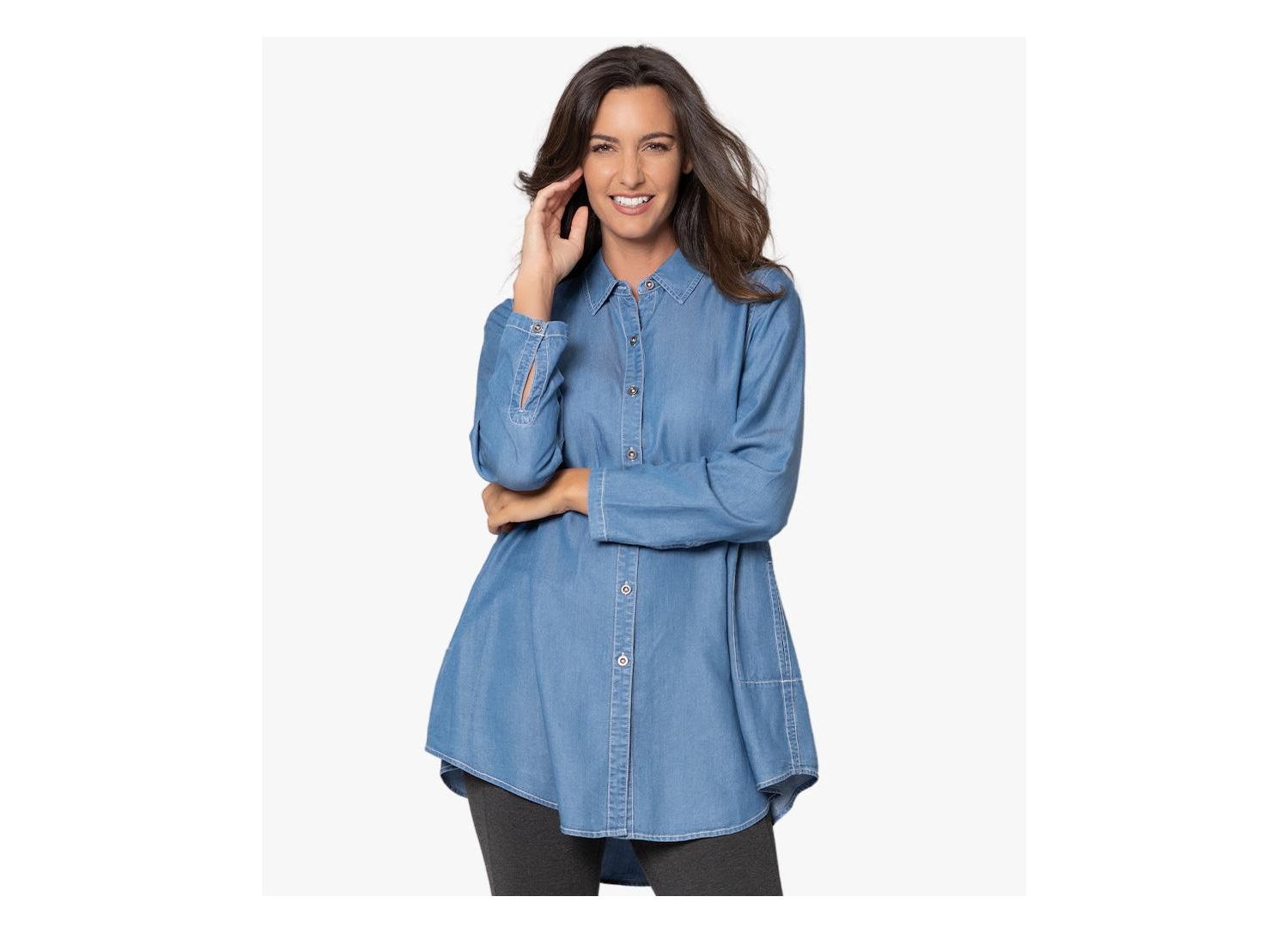Women's Collared Denim Long Sleeve Button-Front Prime Time Tunic