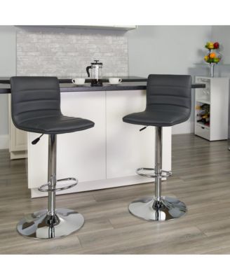 Modern Vinyl Adjustable Height Barstool With Horizontal Stitch Back, Set Of 2
