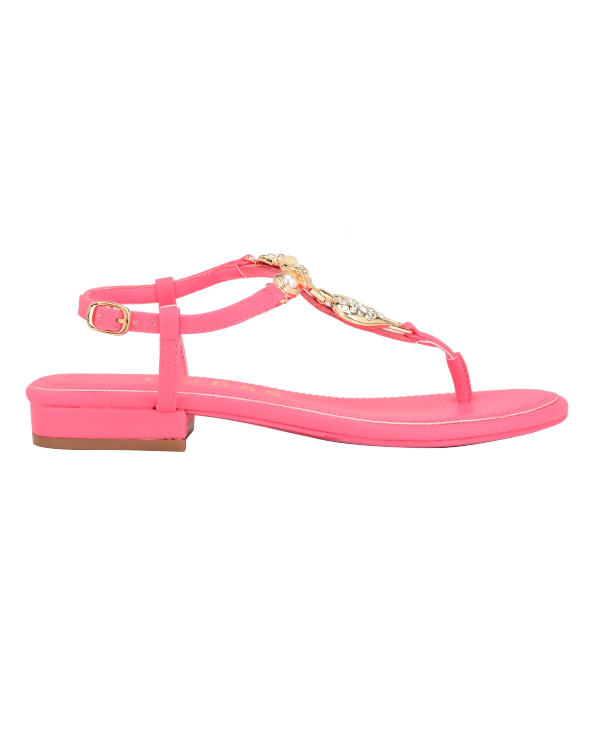 Guess Women's Jiarella Flat T Strap Hardware Accent Sandals - Pink - Faux Leather