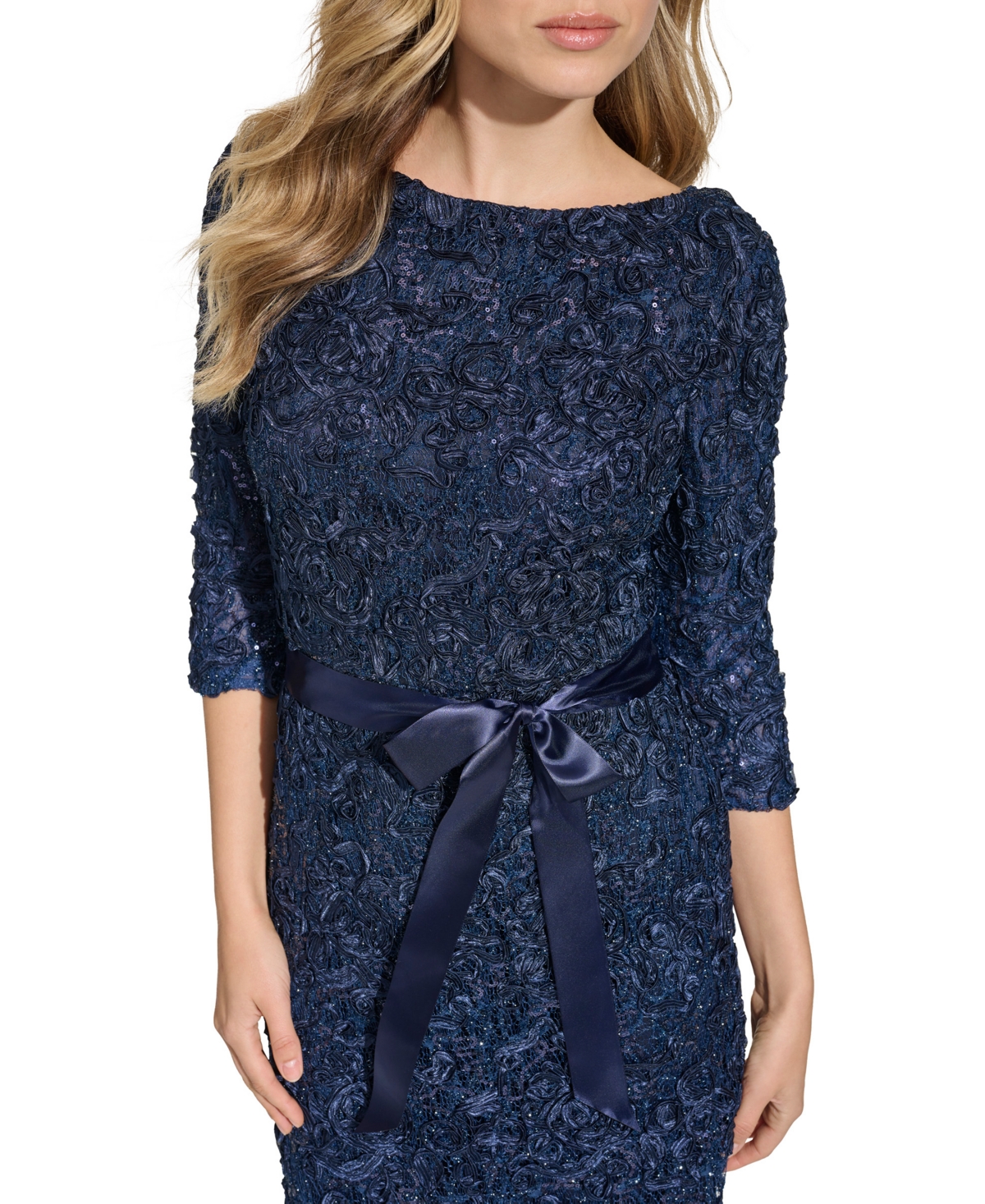 Shop Jessica Howard Women's Boat-neck Sequin Lace Sheath Dress In Navy