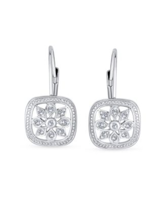 Square Art Deco Style Cubic Zirconia CZ Encrusted Flower Snowflake Drop Earrings Lever Back Sterling Silver