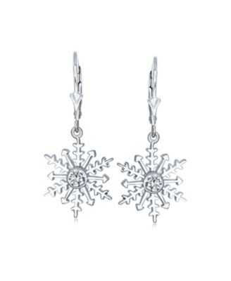 Winter Party Holiday Christmas Drop Lever back Clear Star Ice Blue Snowflake Dangle Earrings Sterling Silver