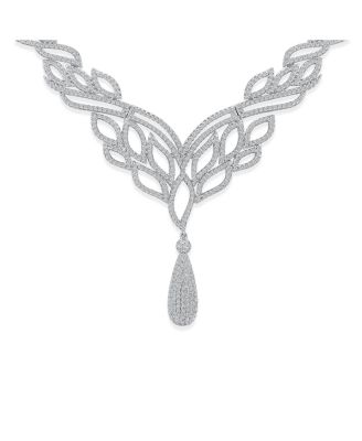 Art Deco-Inspired Leaf Statement Collar Necklace With Cleavage Dangling Teardrop Micro Pave Cubic Zirconia CZ