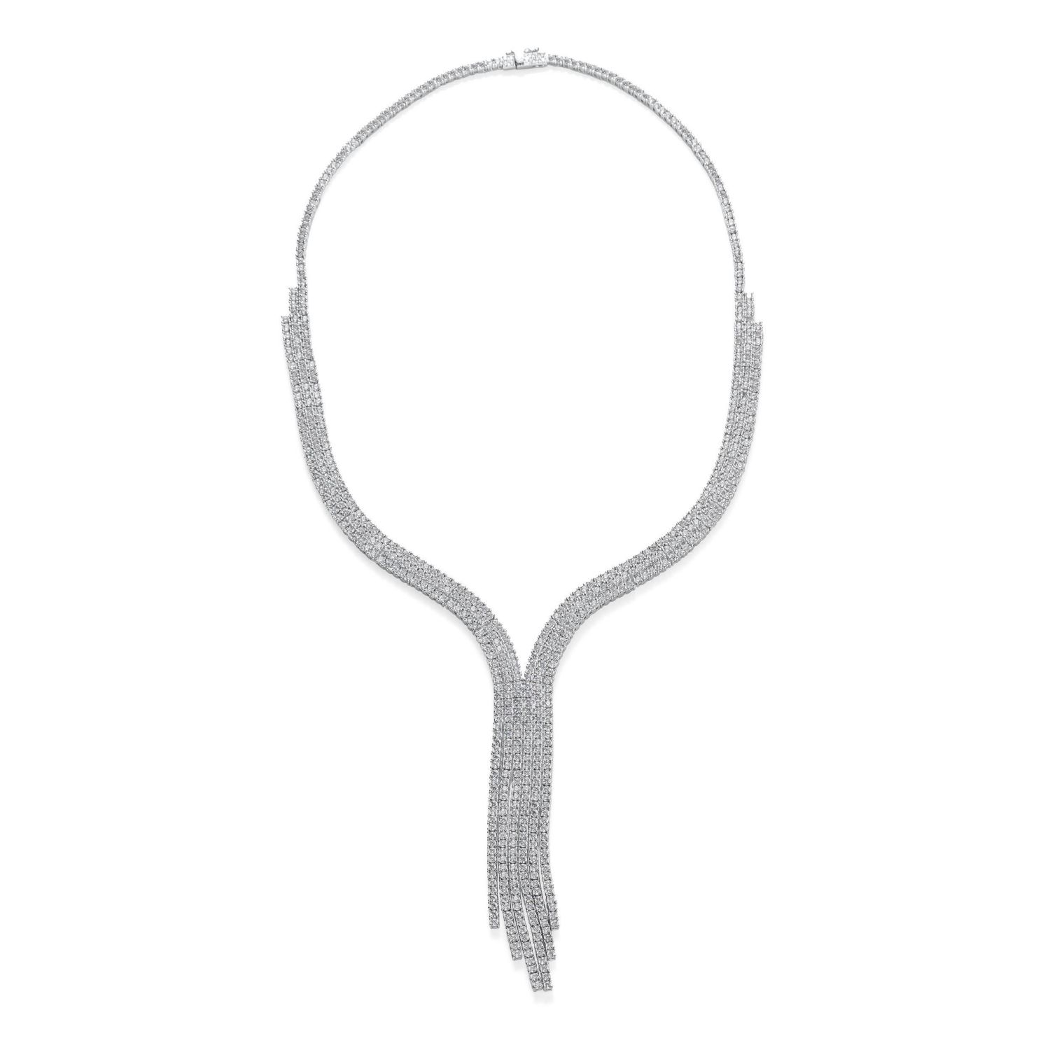 Art Deco Style Y Fringe Tassel Collar Statement Necklace CZ Silver Plated