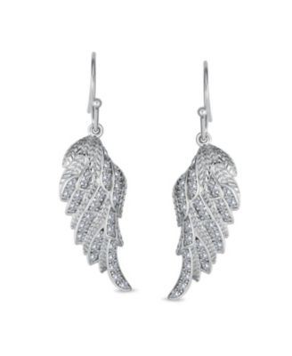 Heavenly Spiritual Symbol Cubic Zirconia Pave CZ Guardian Angel Wing Feather Lever back Dangle Earrings Sterling Silver French Wire