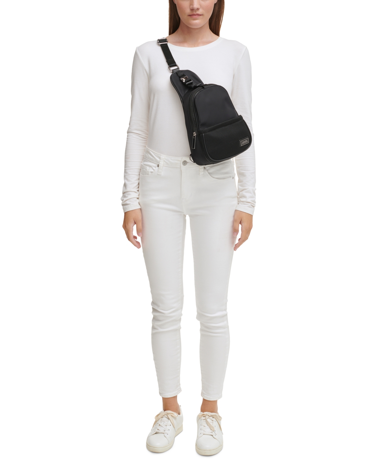 Calvin Klein Jessie Nylon Front Buckle Sling With Mesh Pocket In Black,silver