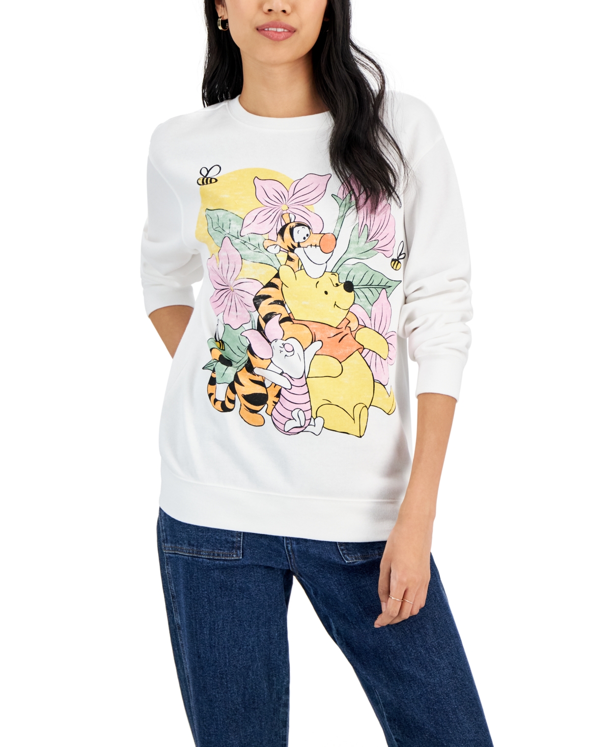Juniors' Winnie The Pooh Floral Graphic Print Sweatshirt - White
