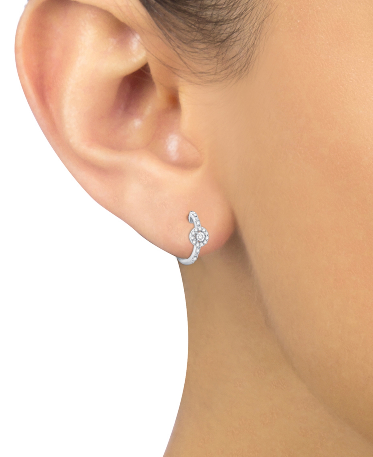 Shop Macy's Diamond Halo Small Hoop Earrings (1/6 Ct. T.w.) In 10k White Gold