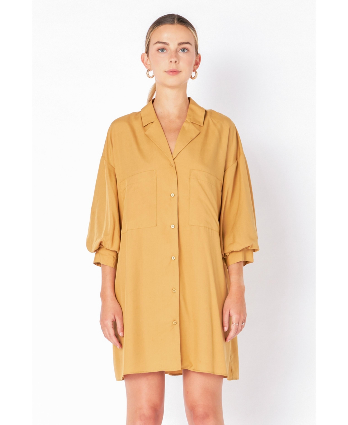 endless rose Women's Blouson Sleeve Belted Shirt Dress