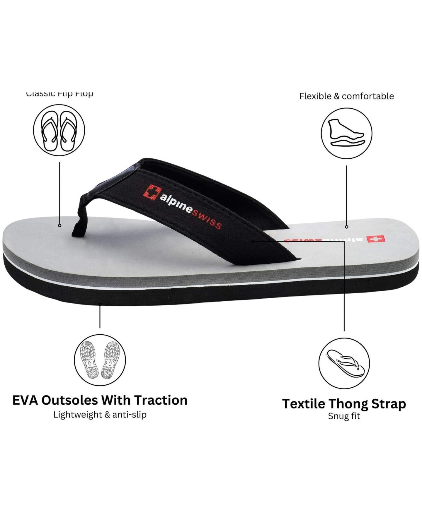 Мужские сандалии Alpine Swiss Flip Flops Lightweight Thong Sandals Beach Slides EVA Sole for Comfort Durable Flip Flops for Men Casual Wear Pool Outdoor Sandal, цвет: Серый — фото 3