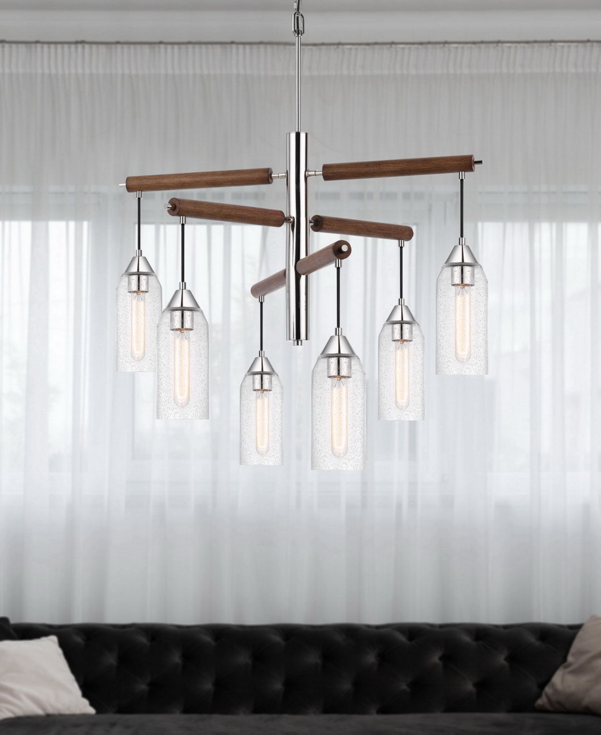Shop Cal Lighting 38" Height Metal And Wood Accents Chandelier In Chrome,wood