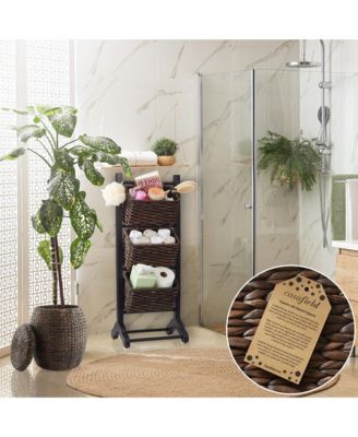 3-Tier Floor Stand Rack with Hanging Storage Baskets, Walnut/Espresso - Wood Tower Organizer for Bathroom, Kitchen, Laundry, Living Room