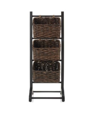 3-Tier Floor Stand Rack with Hanging Storage Baskets, Walnut/Espresso - Wood Tower Organizer for Bathroom, Kitchen, Laundry, Living Room
