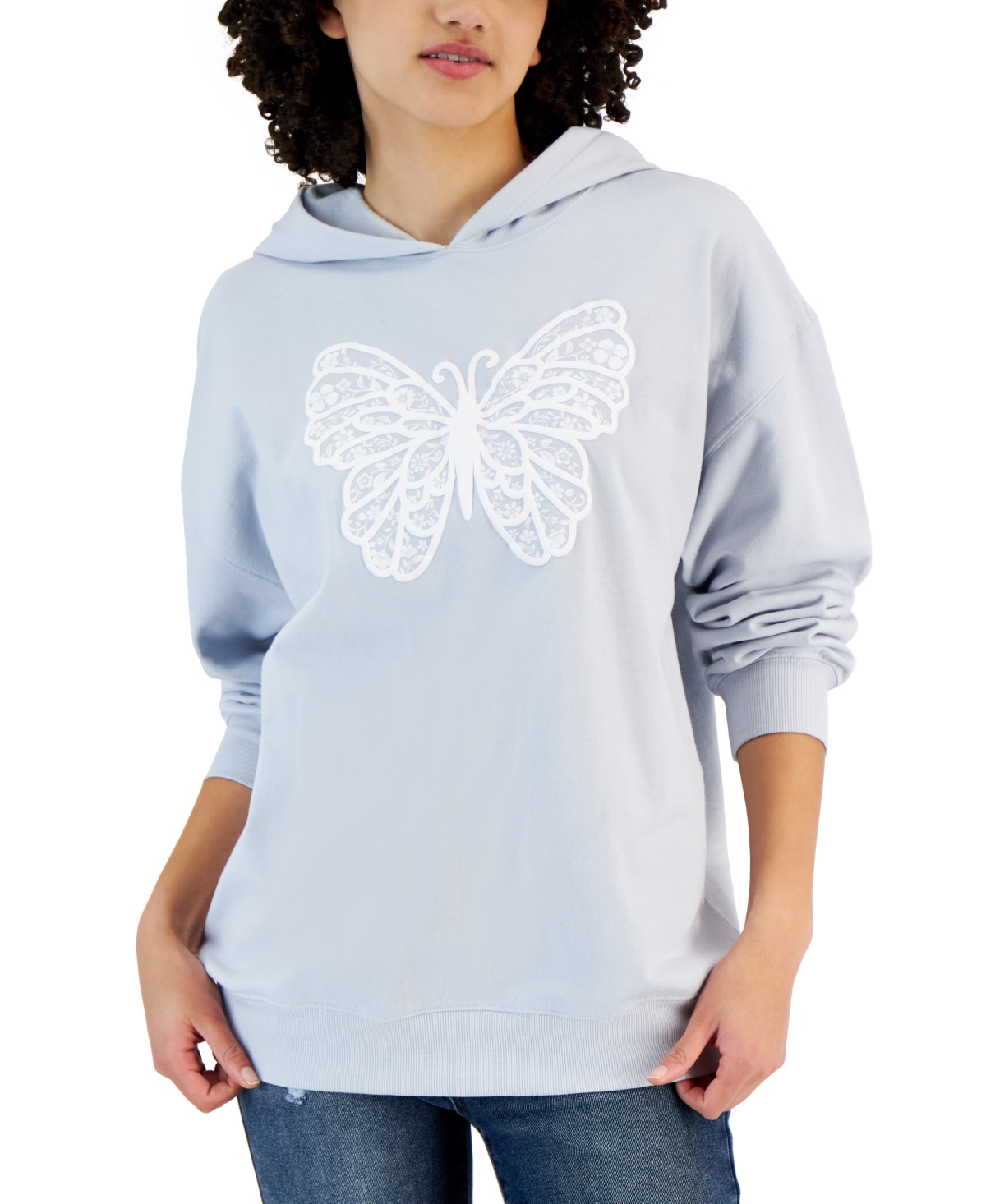 Juniors' Long-Sleeve Hooded Butterfly Sweatshirt - Xenon Blue