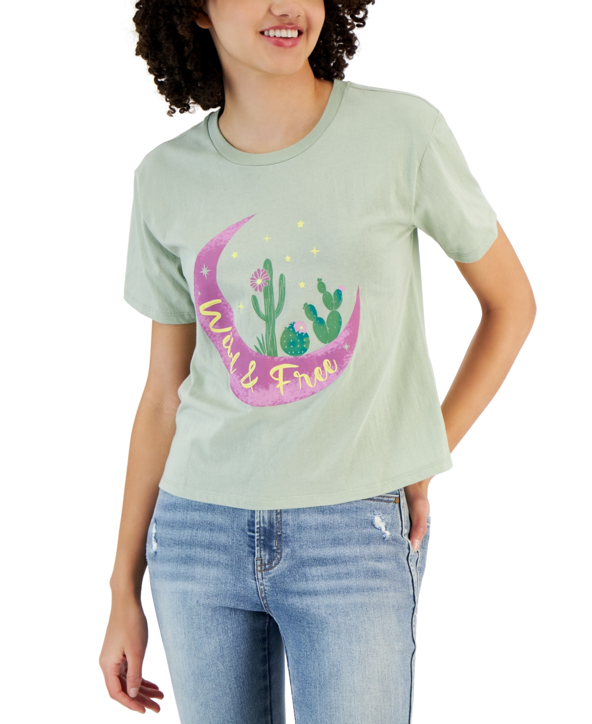 Juniors' Short-Sleeve Crewneck Cactus Graphic T-Shirt - Desert Sage