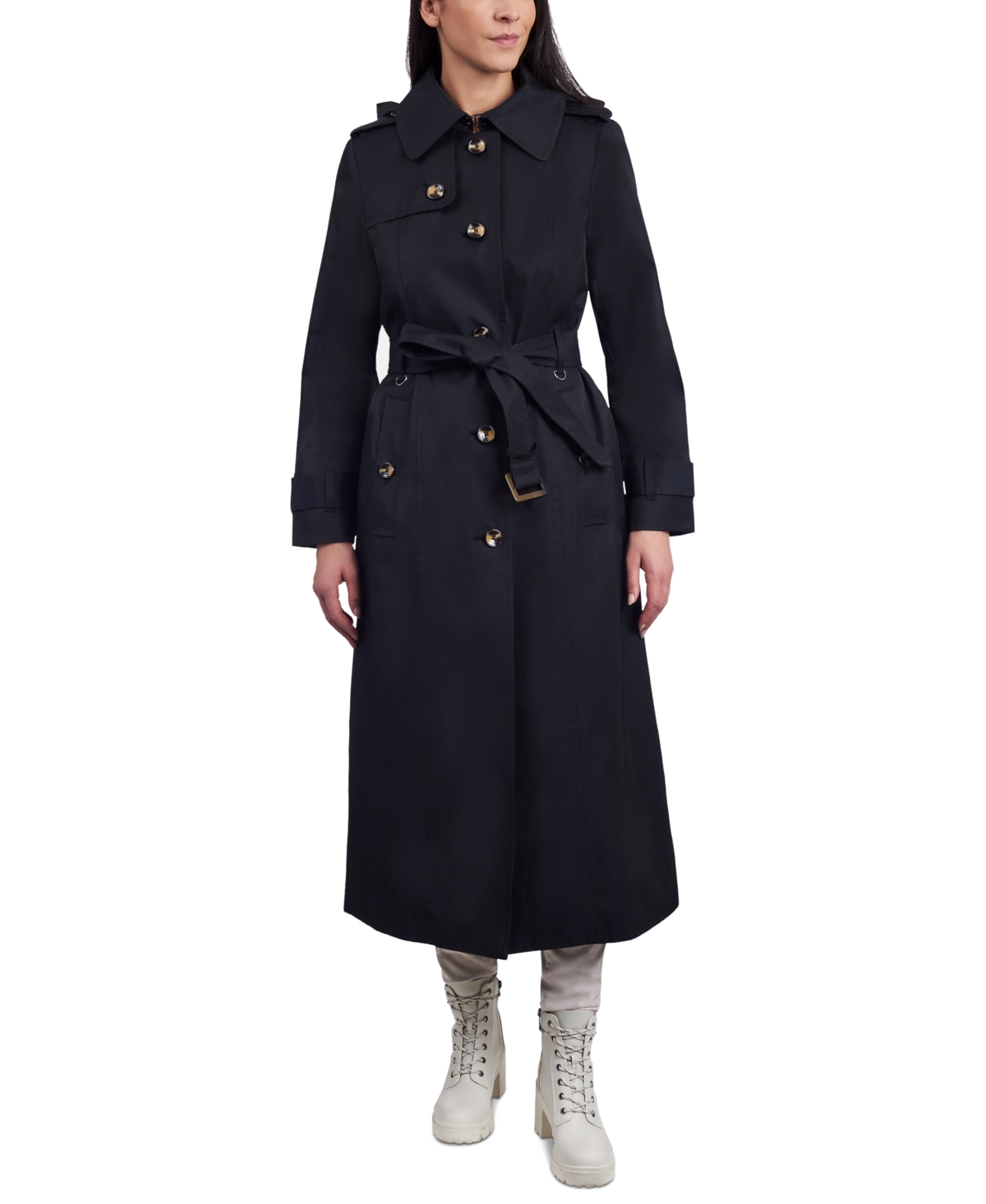 Shop London Fog Women's Single-breasted Hooded Maxi Trench Coat In Black
