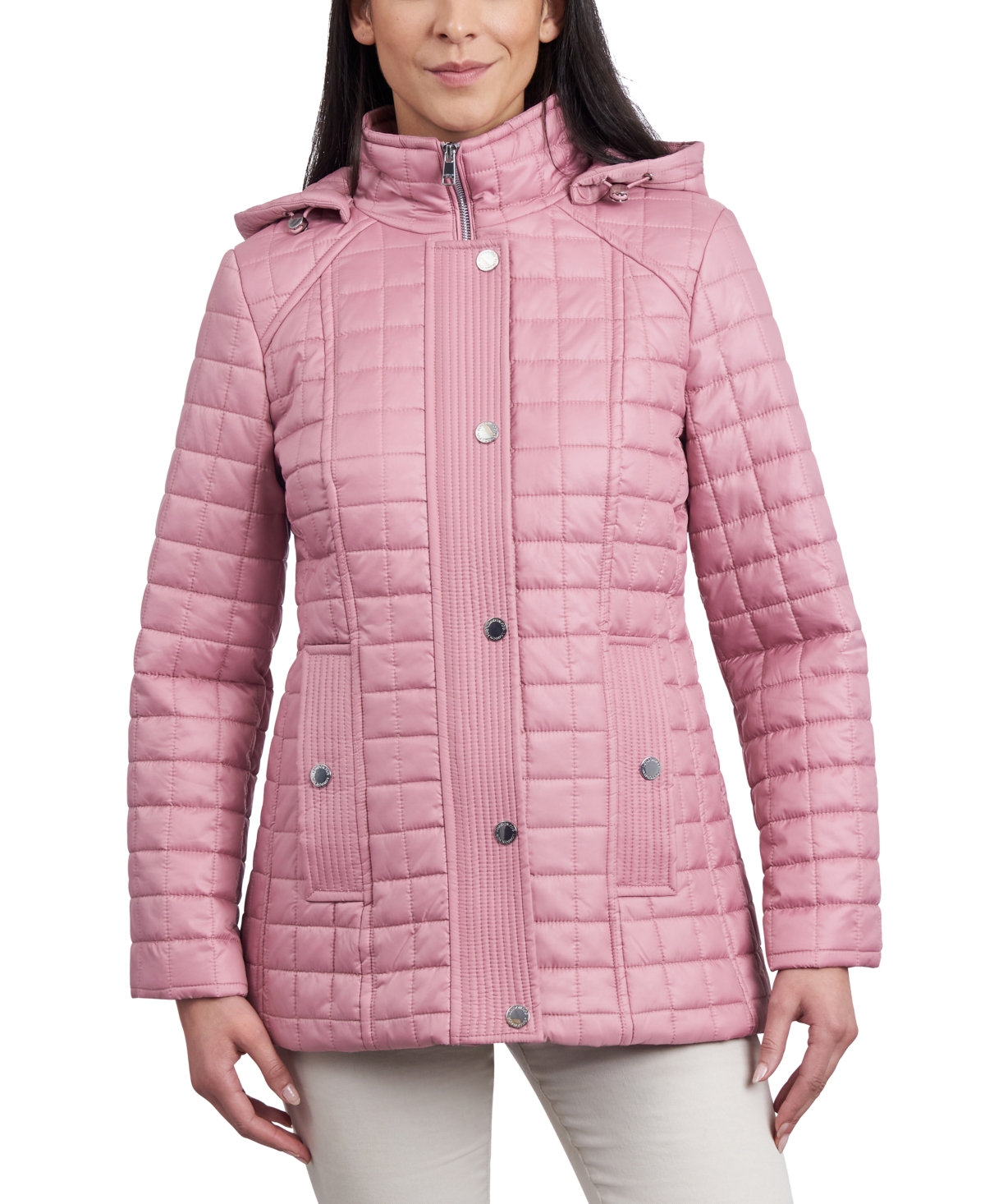 Shop London Fog Women's Hooded Quilted Water-resistant Coat In Heather