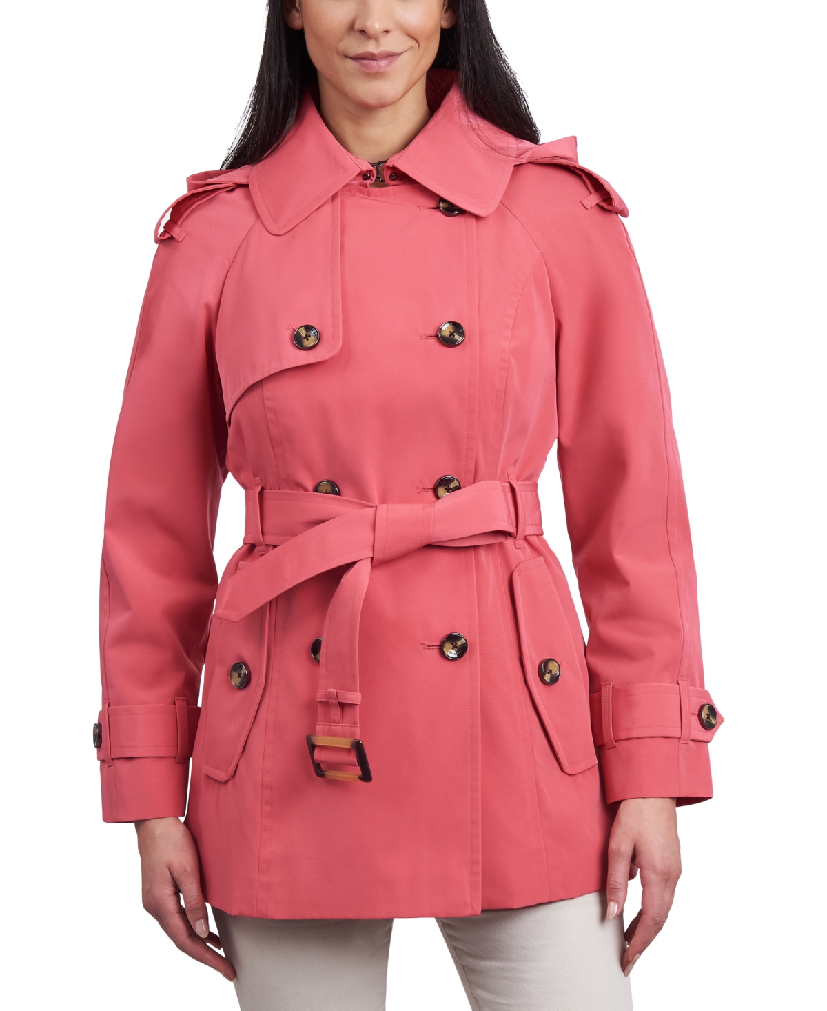 Women's Double-Breasted Belted Trench Coat - Coral