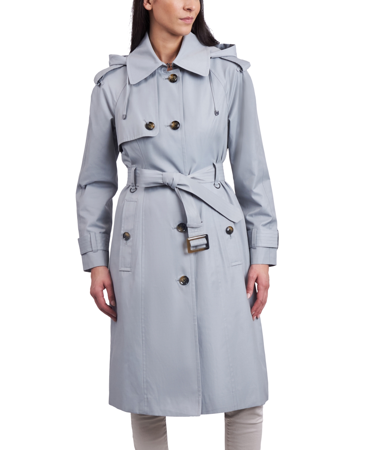 Shop London Fog Women's Belted Hooded Water-resistant Trench Coat In Cloudy