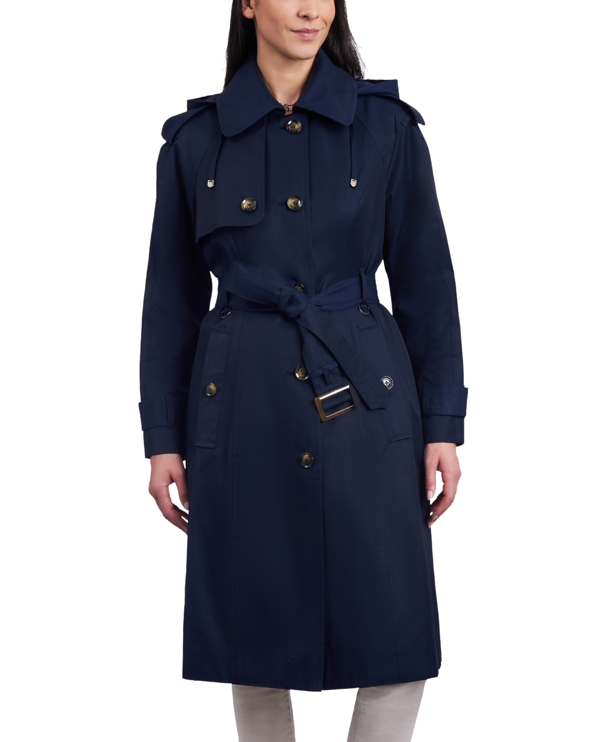 Shop London Fog Women's Petite Single-breasted Hooded Belted Trench Coat In Midnight Navy