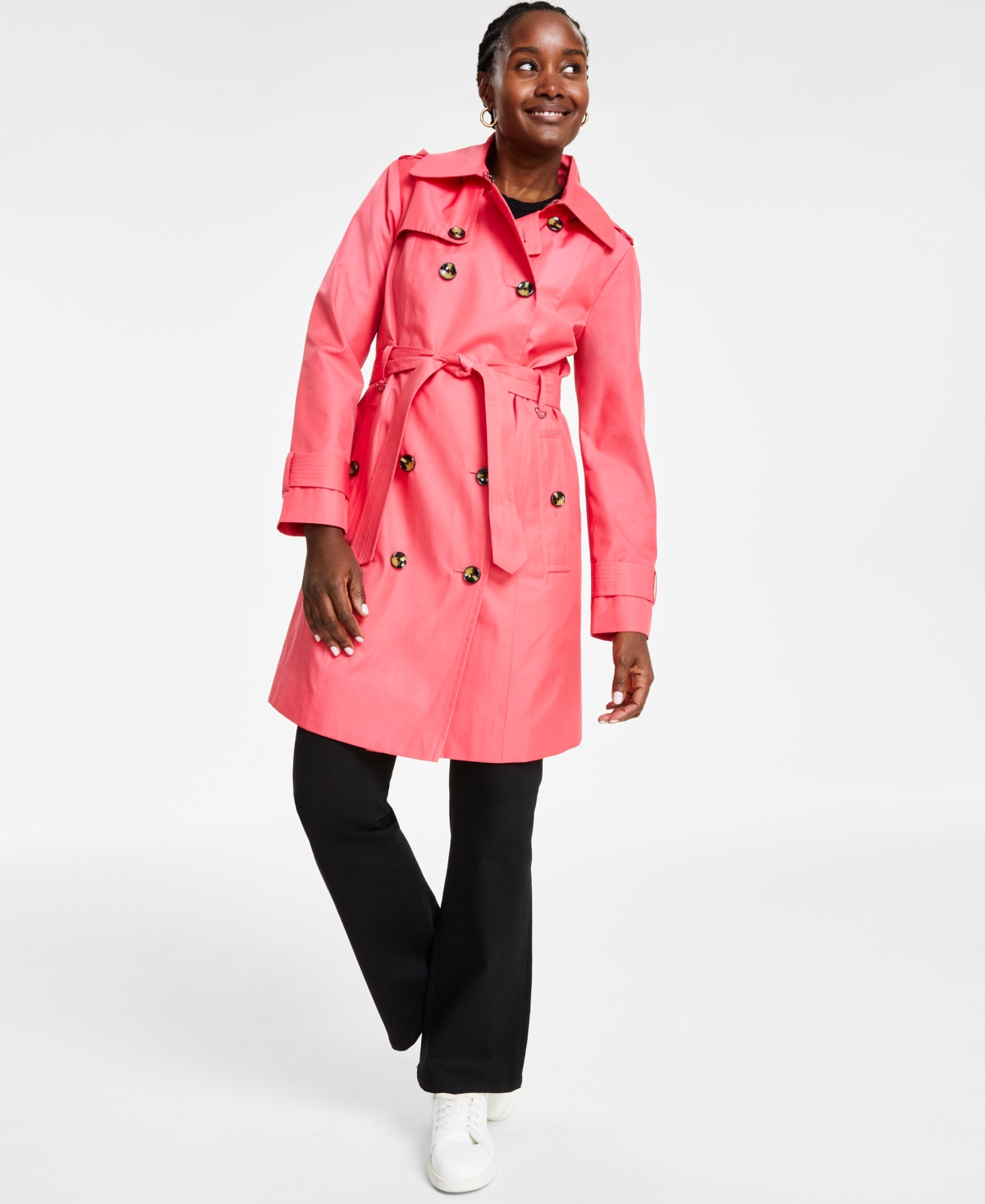 Petite Hooded Double-Breasted Trench Coat - Coral