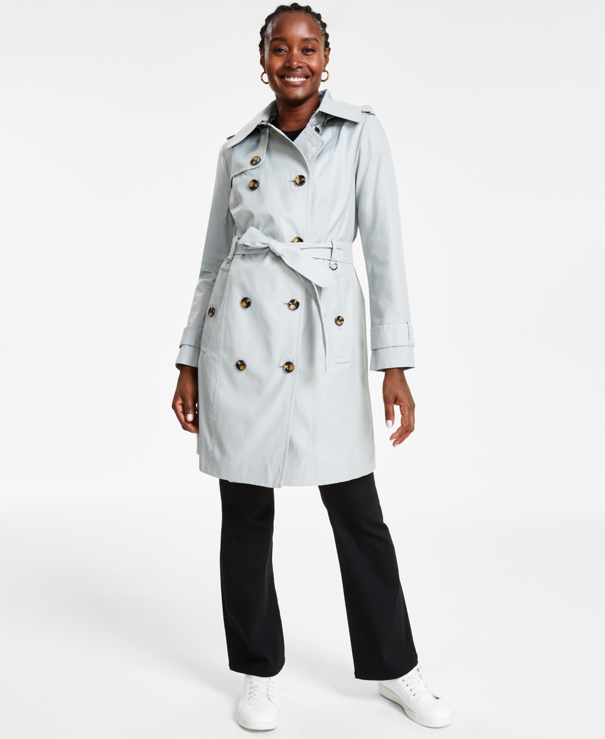 Shop London Fog Women's Hooded Double-breasted Trench Coat In Cloudy