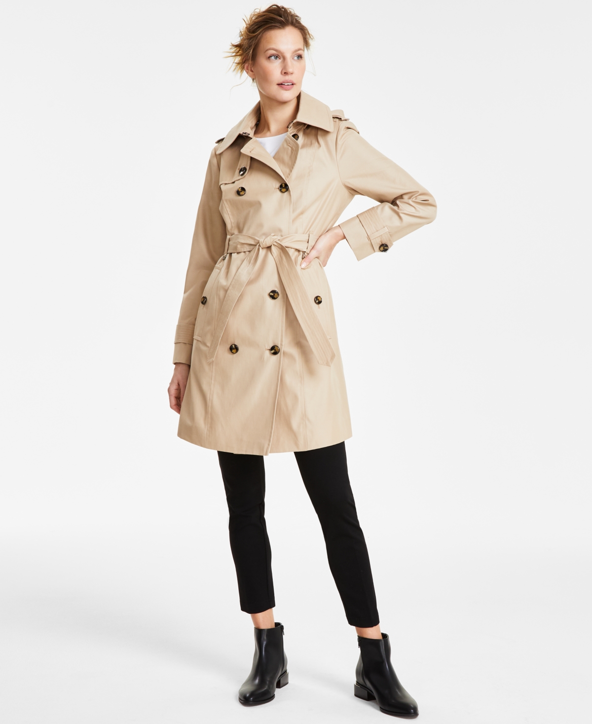 Petite Hooded Double-Breasted Trench Coat - Coral