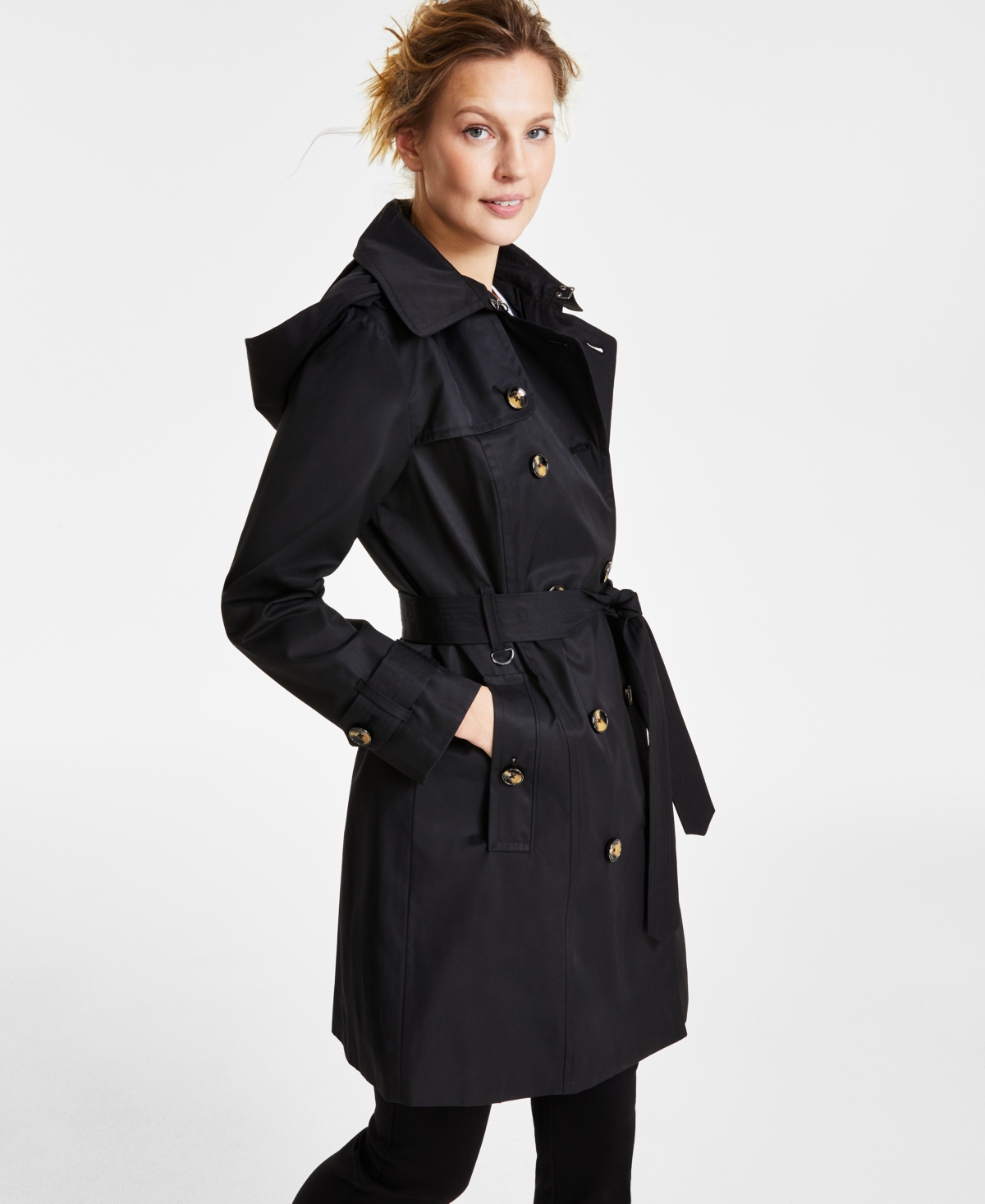 Shop London Fog Women's Hooded Double-breasted Trench Coat In Black