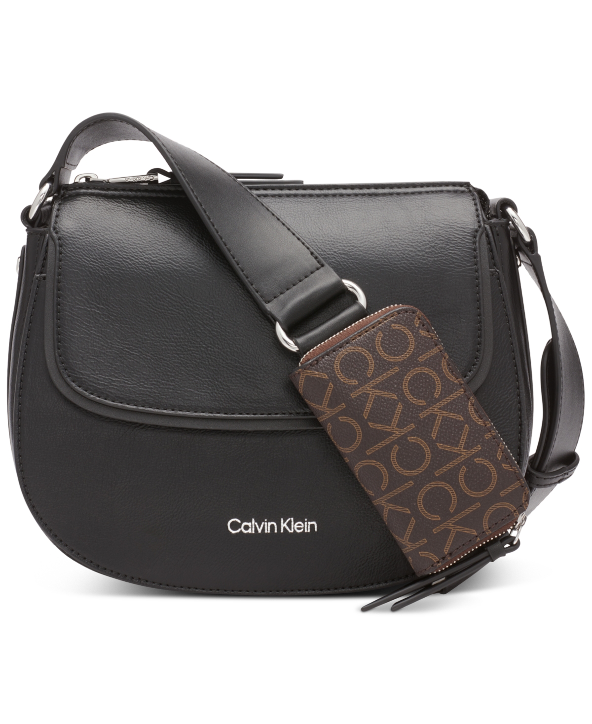 Shop Calvin Klein Bella Adjustable Crossbody With Signature Zippered Pouch In Black,silver