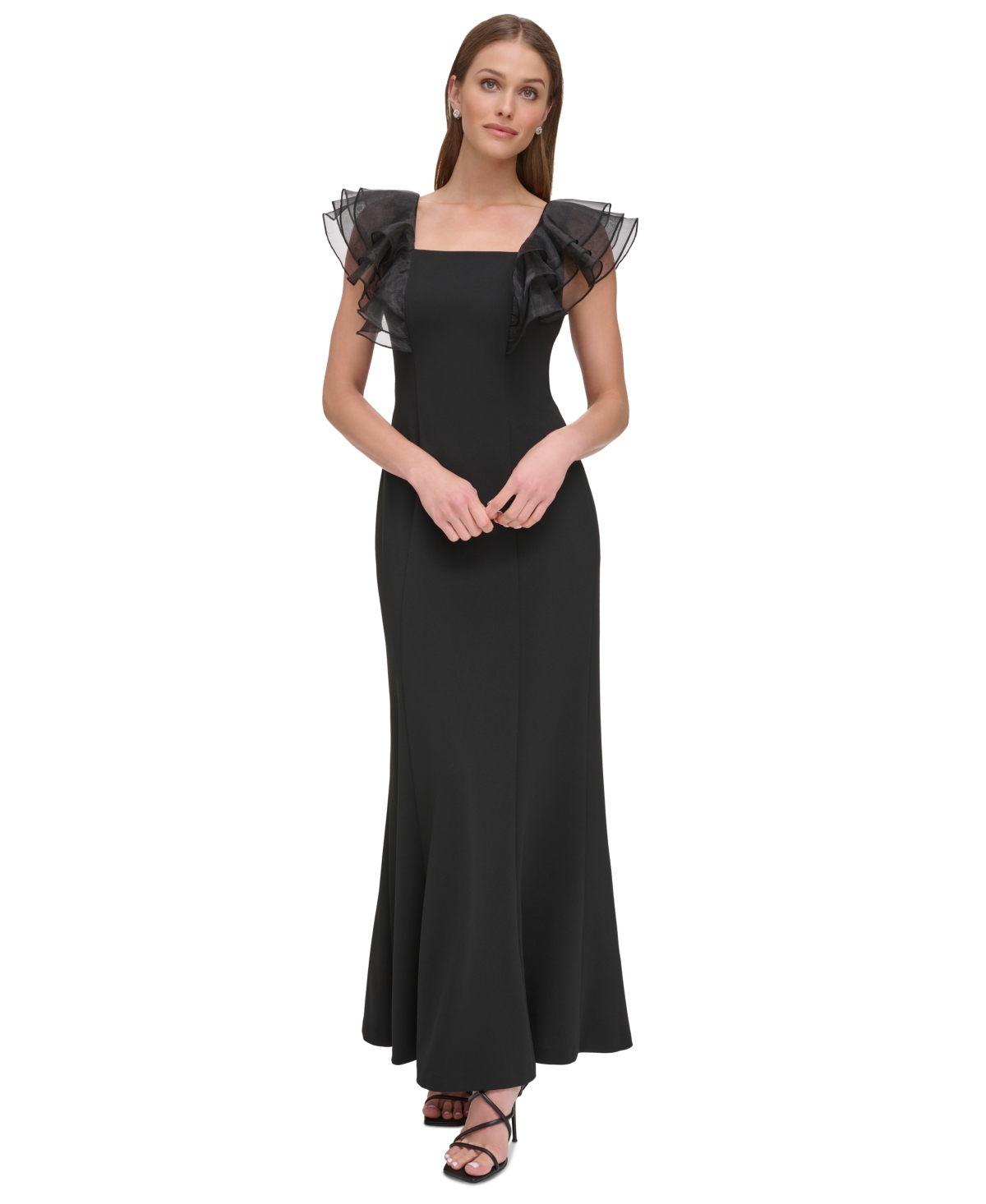 Dkny Women's Square-neck Organza-sleeve Gown In Black