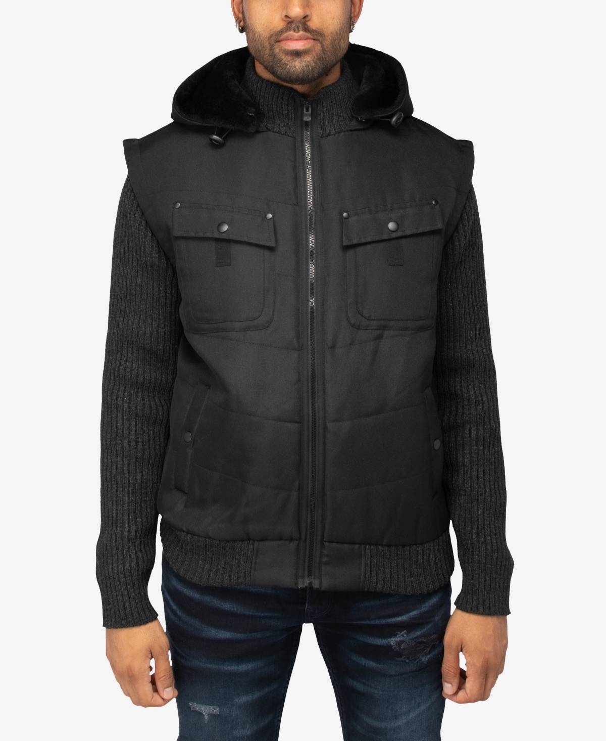 X-ray Men's Canvas Flap Pocket Full Zip Sweater Jacket With Sherpa Hood In Charcoal