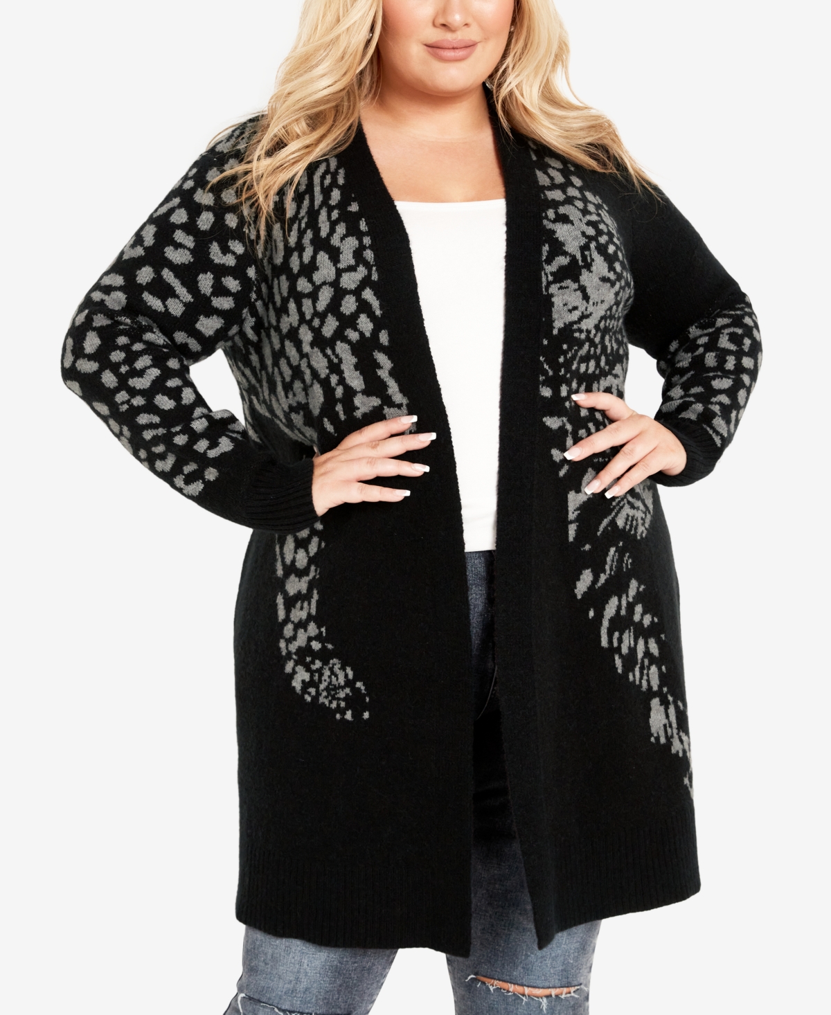 Avenue Plus Size Lena Leopard Open Front Cardigan Sweater In Black