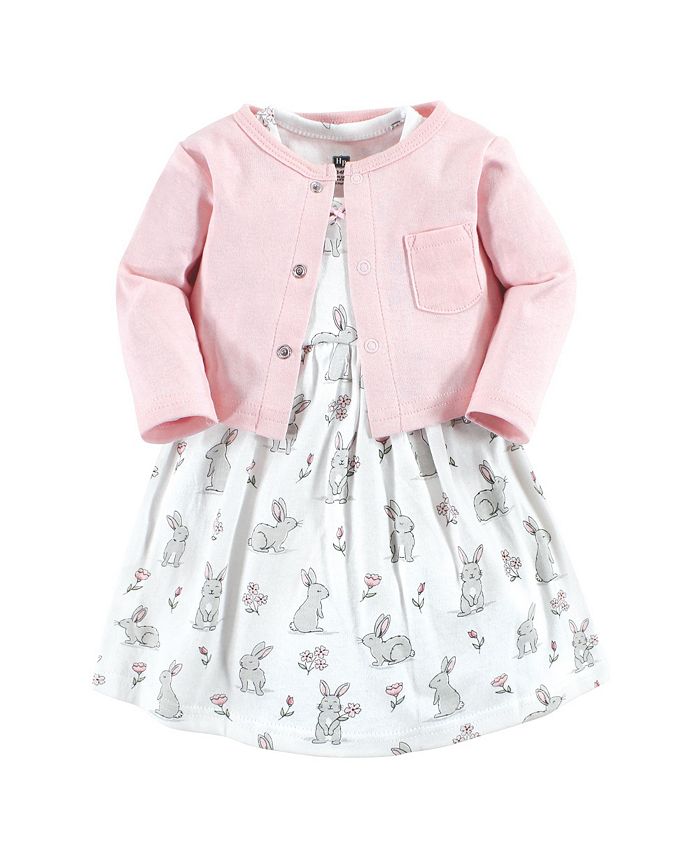 Hudson Baby Toddler Girl Cotton Dress and Cardigan Set, Bunny Floral