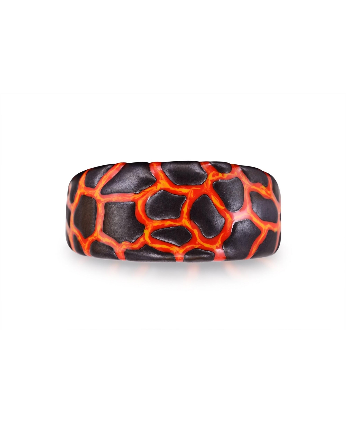 Earth Fire Design Black Rhodium Plated with Enamel Sterling Silver Band Men Ring - Red