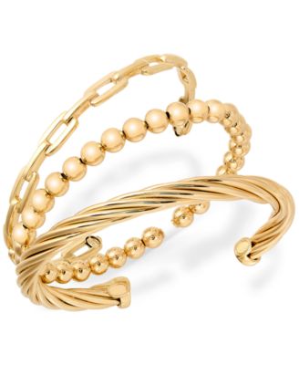 3-Pc. Set Beaded, Torchon & Paperclip Cuff Bangle Bracelets in 14k Gold-Plated Sterling Silver