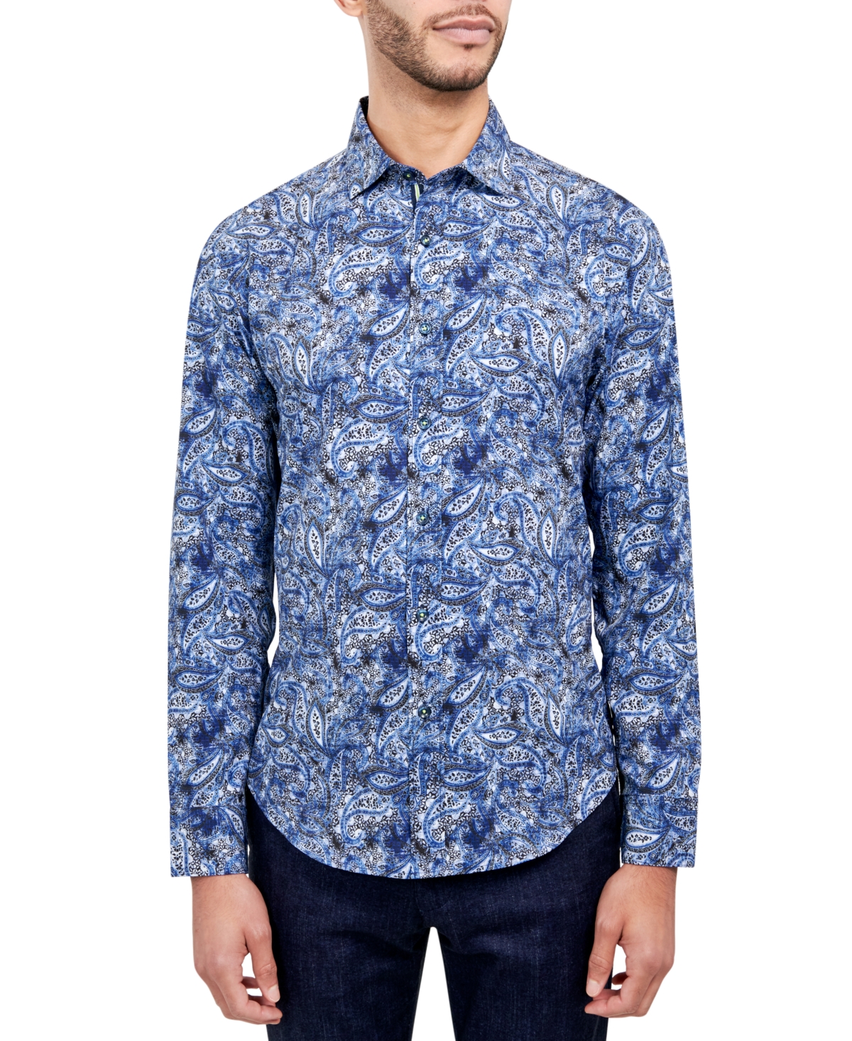 Society Of Threads Men's Regular-fit Non-iron Performance Stretch Paisley Button-down Shirt In Blue