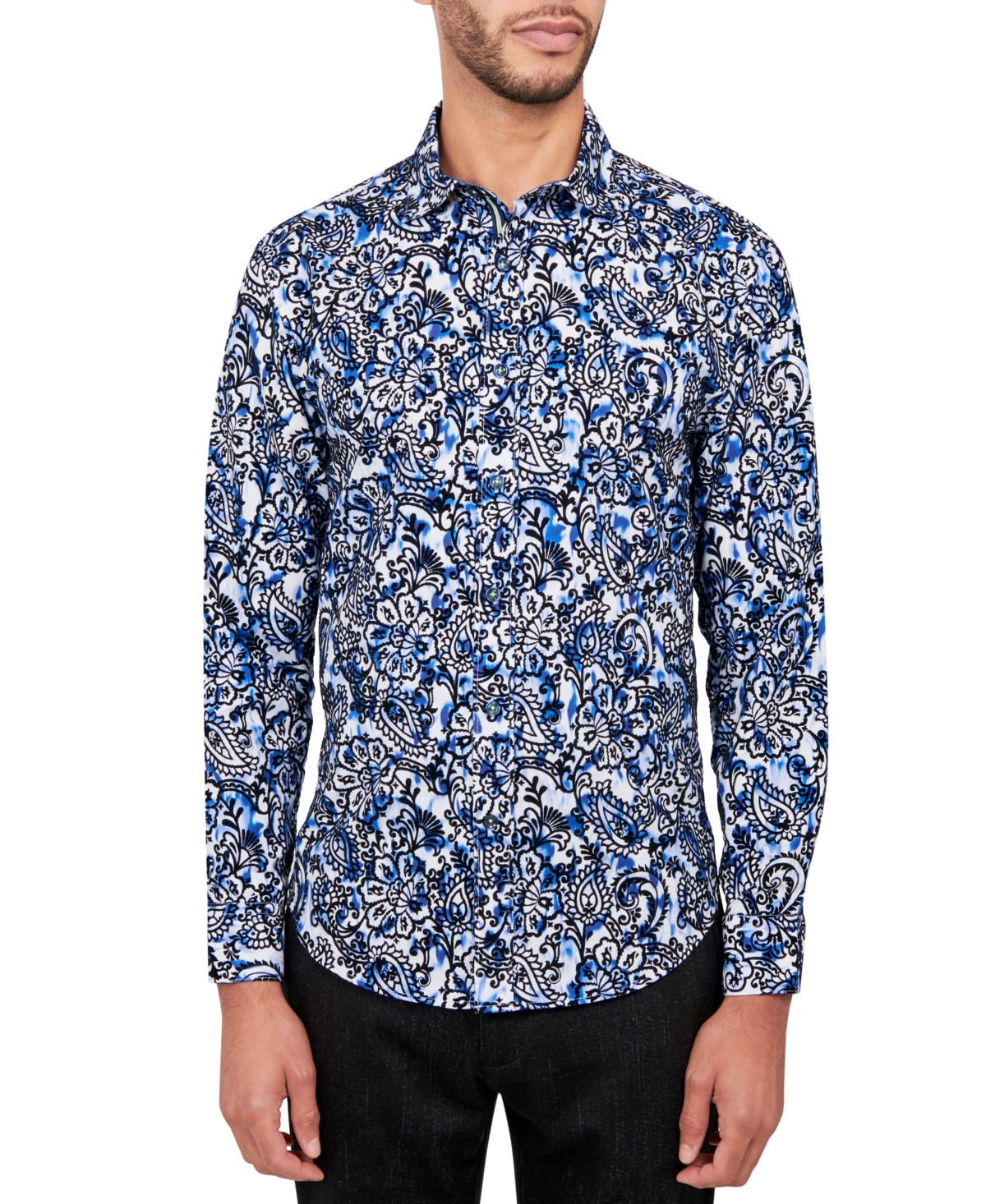 Men's Regular-Fit Moisture-Wicking Flocked Paisley Button-Down Shirt - Blue