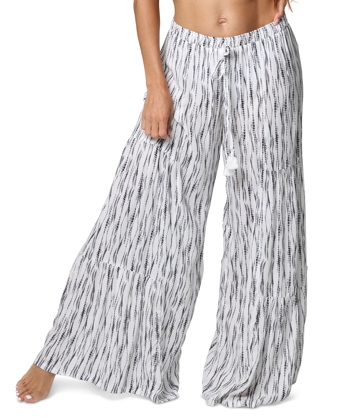 Women's Printed Tiered Wide-Leg Drawstring Pants - White/gray