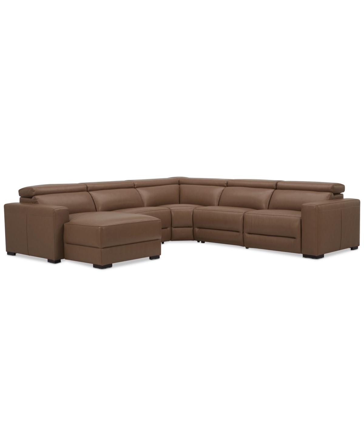Macy's Nevio 124" 5-pc. Leather Sectional With 2 Power Recliners, Headrests And Chaise, Created For  In Butternut