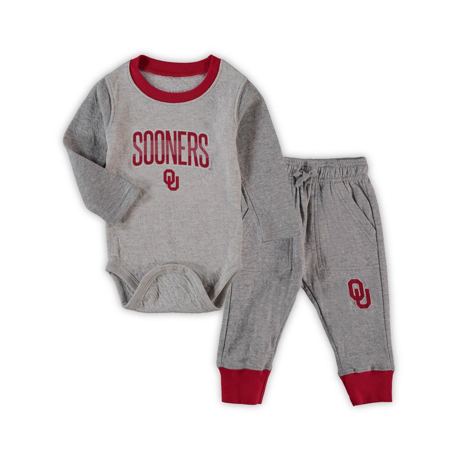 Infant Boys and Girls Heathered Gray, Crimson Oklahoma Sooners Jie Jie Long Sleeve Bodysuit and Pants Set